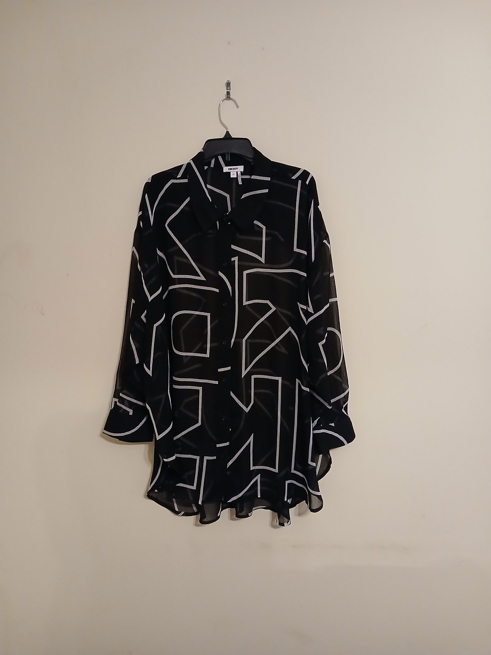 DKNY Black Geometric Print Long Sleeve Shirt Dress